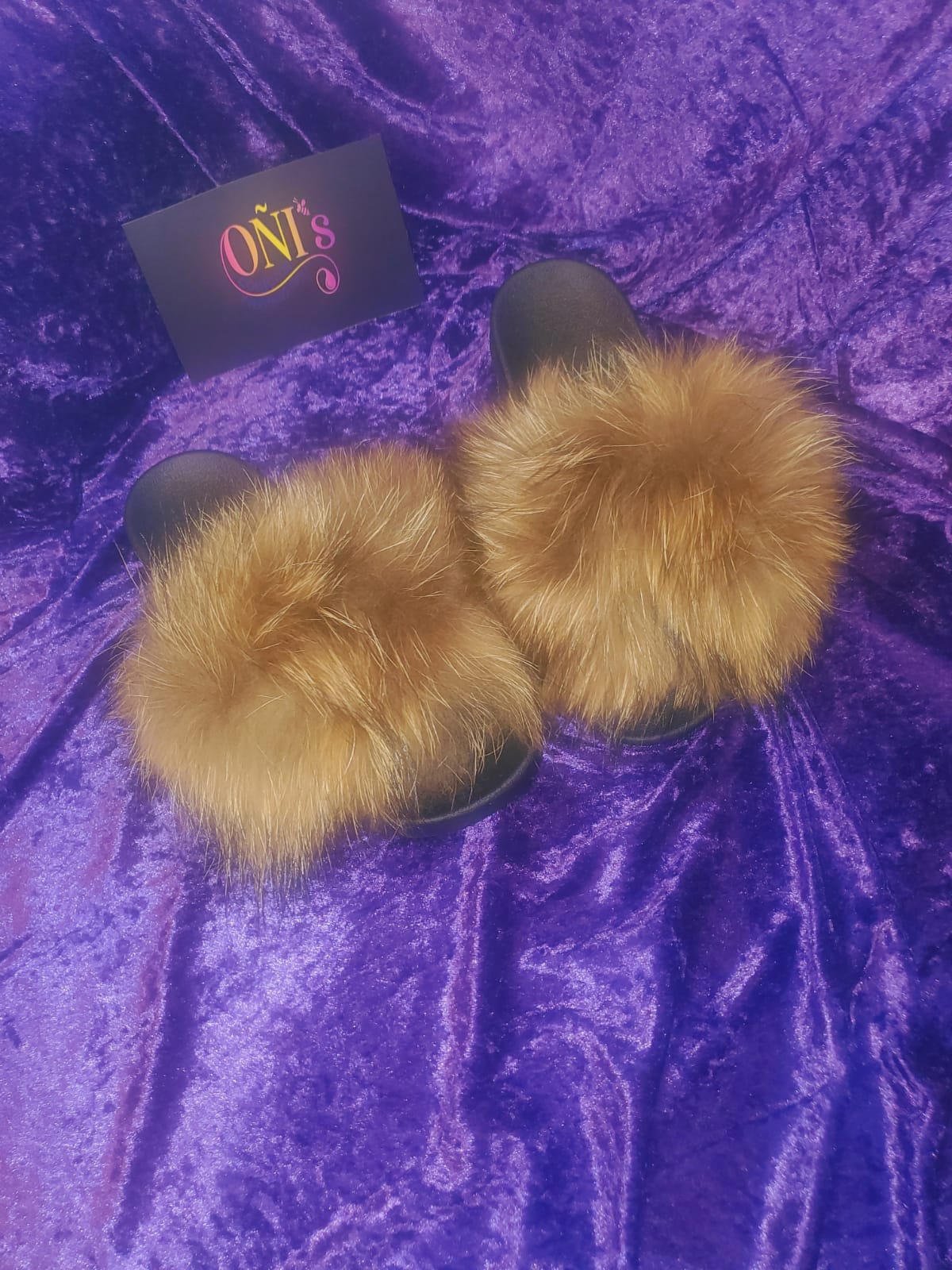 Confetti Brown Fox Fur Slides